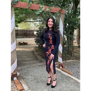 CINQ A SEPT Women's Navy Orange Floral Embroidered Side Slit Lexi Dress Size 8